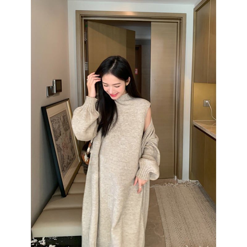 Корейски стил бременна плетен комплект: средно дълга пола, жилетка и дълъг ръкав кардиган, полиестер, есен 2023