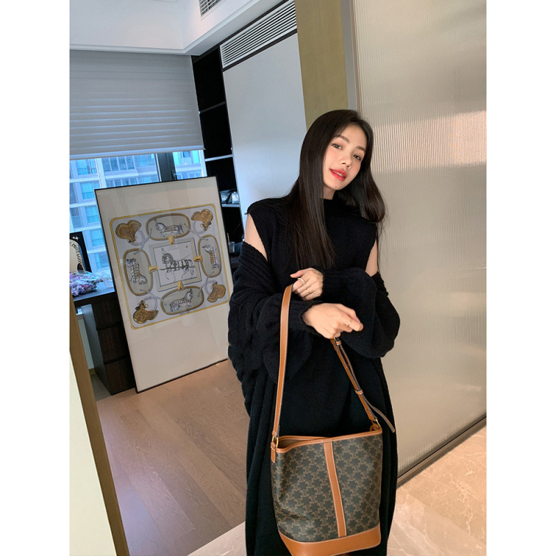 Корейски стил бременна плетен комплект: средно дълга пола, жилетка и дълъг ръкав кардиган, полиестер, есен 2023