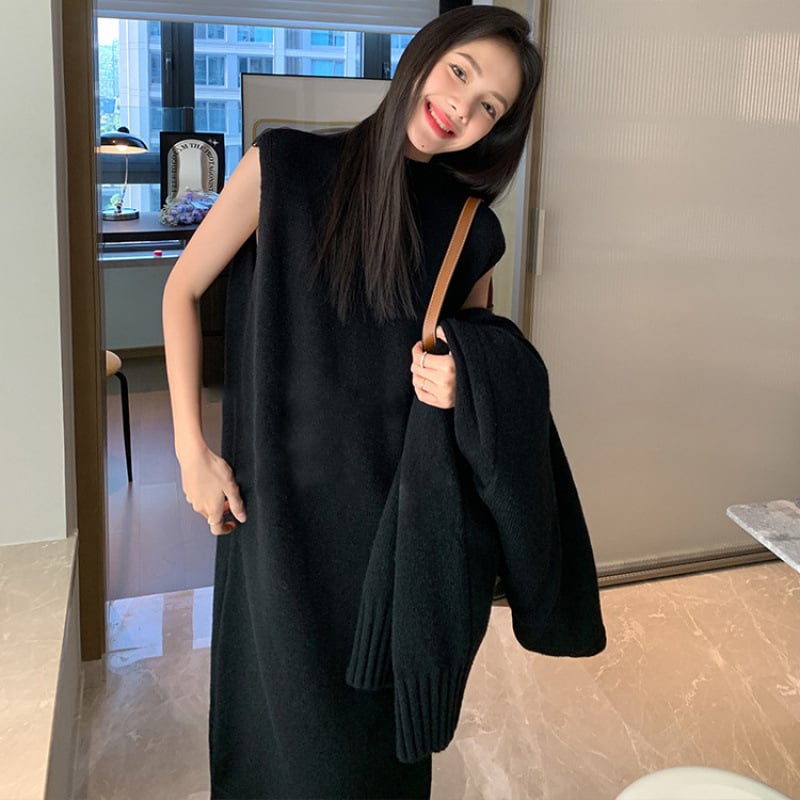 Корейски стил бременна плетен комплект: средно дълга пола, жилетка и дълъг ръкав кардиган, полиестер, есен 2023