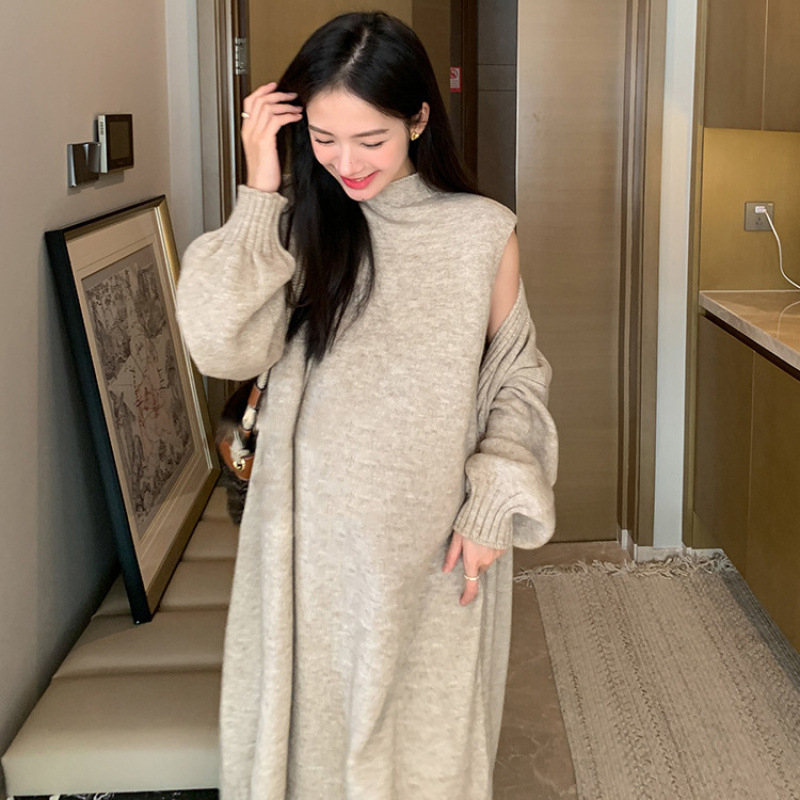 Корейски стил бременна плетен комплект: средно дълга пола, жилетка и дълъг ръкав кардиган, полиестер, есен 2023