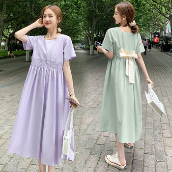 Рокля за бременни от памук 95%+, А‑линия, дълга, квадратно деколте и ръкави ¾, едноцветна