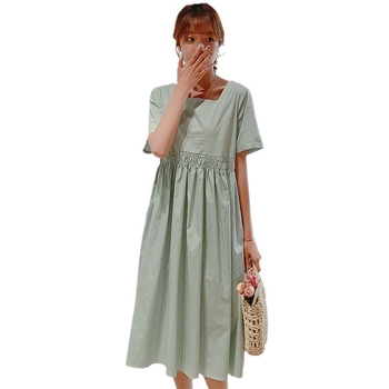 Рокля за бременни от памук 95%+, А‑линия, дълга, квадратно деколте и ръкави ¾, едноцветна