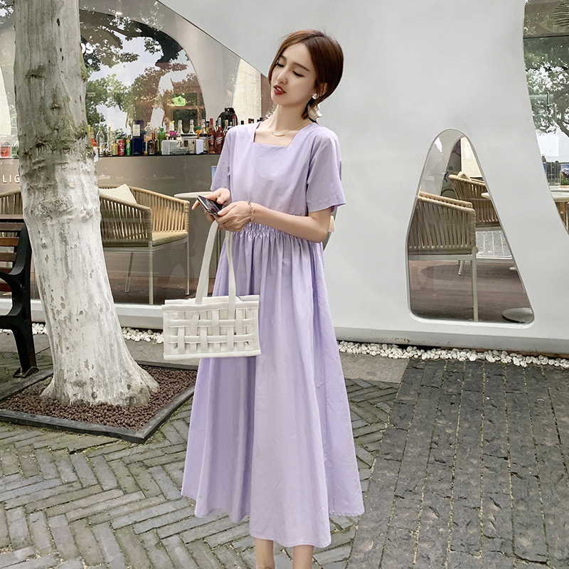 Рокля за бременни от памук 95%+, А‑линия, дълга, квадратно деколте и ръкави ¾, едноцветна