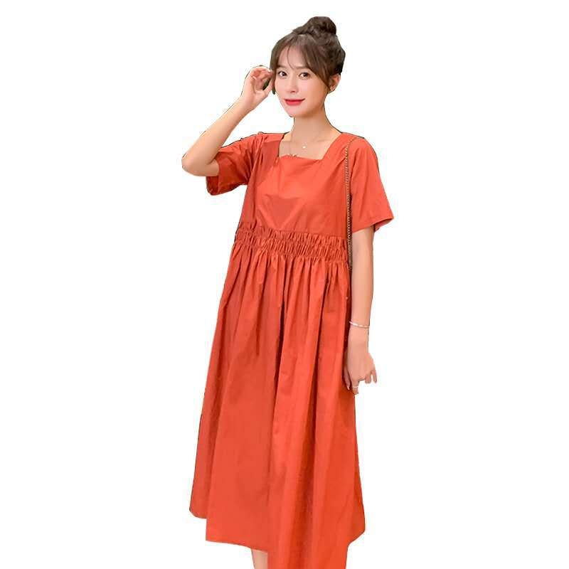 Рокля за бременни от памук 95%+, А‑линия, дълга, квадратно деколте и ръкави ¾, едноцветна