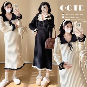 Бременна миди рокля от плетиво с лафел яка, дълъг ръкав, вискоза 95%+, уличен хипстер стил