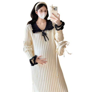 Бременна миди рокля от плетиво с лафел яка, дълъг ръкав, вискоза 95%+, уличен хипстер стил