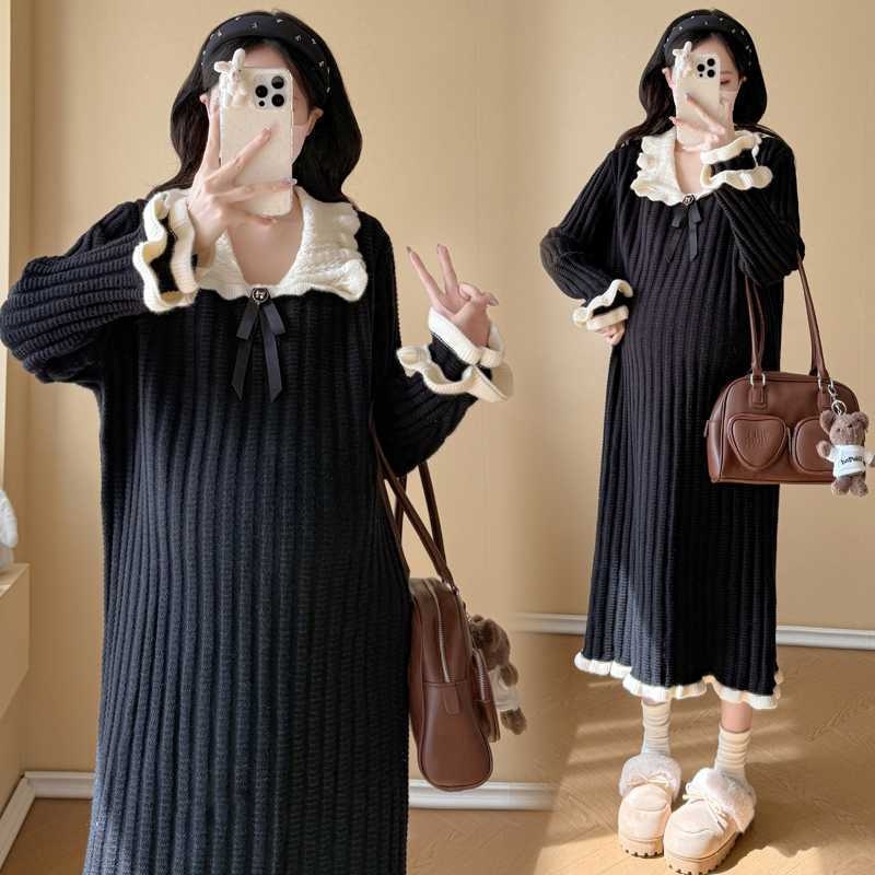 Бременна миди рокля от плетиво с лафел яка, дълъг ръкав, вискоза 95%+, уличен хипстер стил