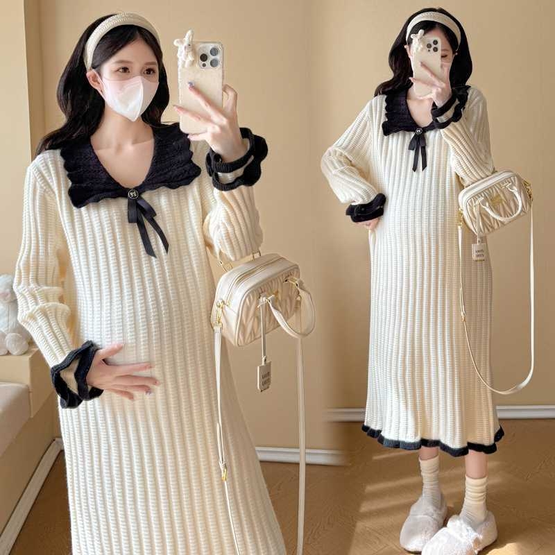 Бременна миди рокля от плетиво с лафел яка, дълъг ръкав, вискоза 95%+, уличен хипстер стил