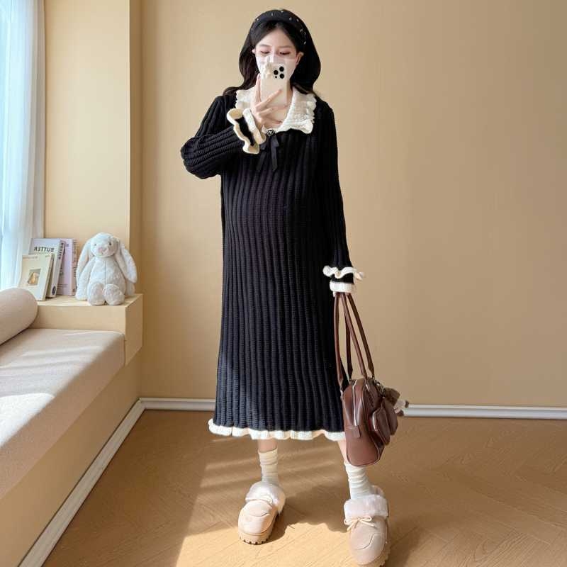 Бременна миди рокля от плетиво с лафел яка, дълъг ръкав, вискоза 95%+, уличен хипстер стил