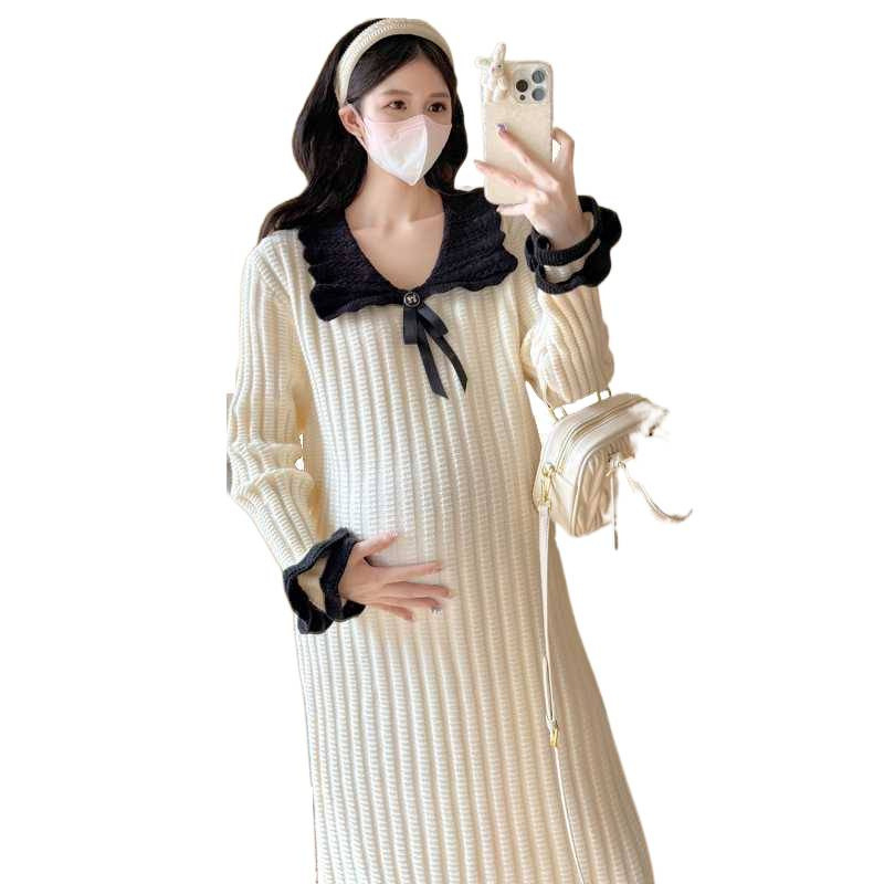 Бременна миди рокля от плетиво с лафел яка, дълъг ръкав, вискоза 95%+, уличен хипстер стил