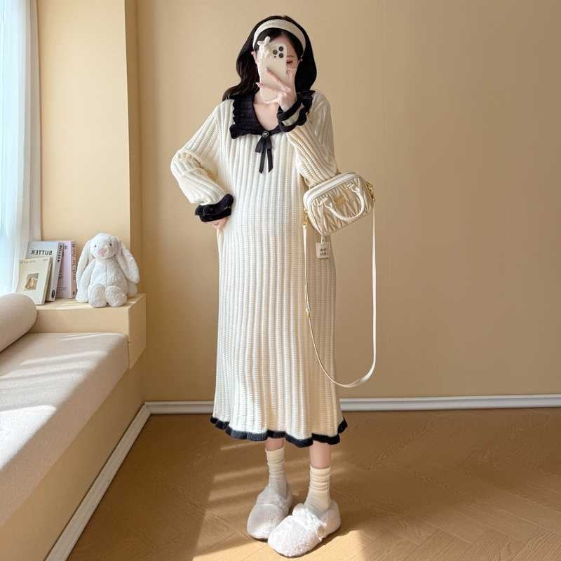 Бременна миди рокля от плетиво с лафел яка, дълъг ръкав, вискоза 95%+, уличен хипстер стил