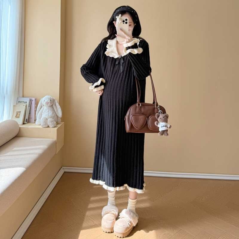 Бременна миди рокля от плетиво с лафел яка, дълъг ръкав, вискоза 95%+, уличен хипстер стил