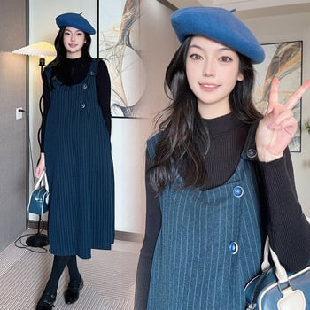 Рокля за бременни с презрамки от вълнен плат (Xue Meifu; кръгъл деколтe; дълги ръкави; вълнен; презрамкова пола)