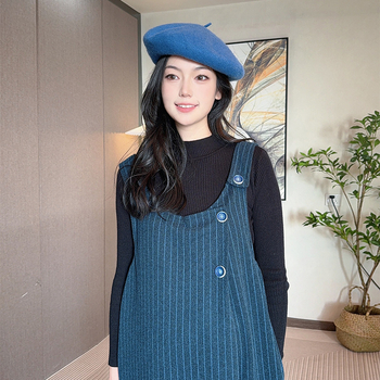 Рокля за бременни с презрамки от вълнен плат (Xue Meifu; кръгъл деколтe; дълги ръкави; вълнен; презрамкова пола)