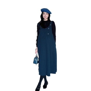 Рокля за бременни с презрамки от вълнен плат (Xue Meifu; кръгъл деколтe; дълги ръкави; вълнен; презрамкова пола)