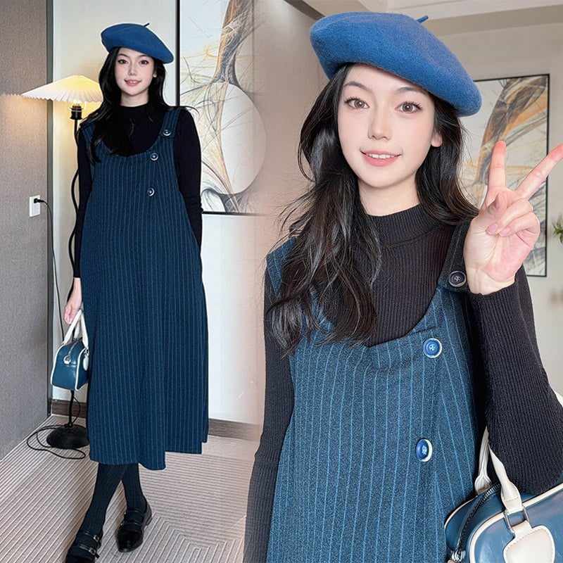 Рокля за бременни с презрамки от вълнен плат (Xue Meifu; кръгъл деколтe; дълги ръкави; вълнен; презрамкова пола)