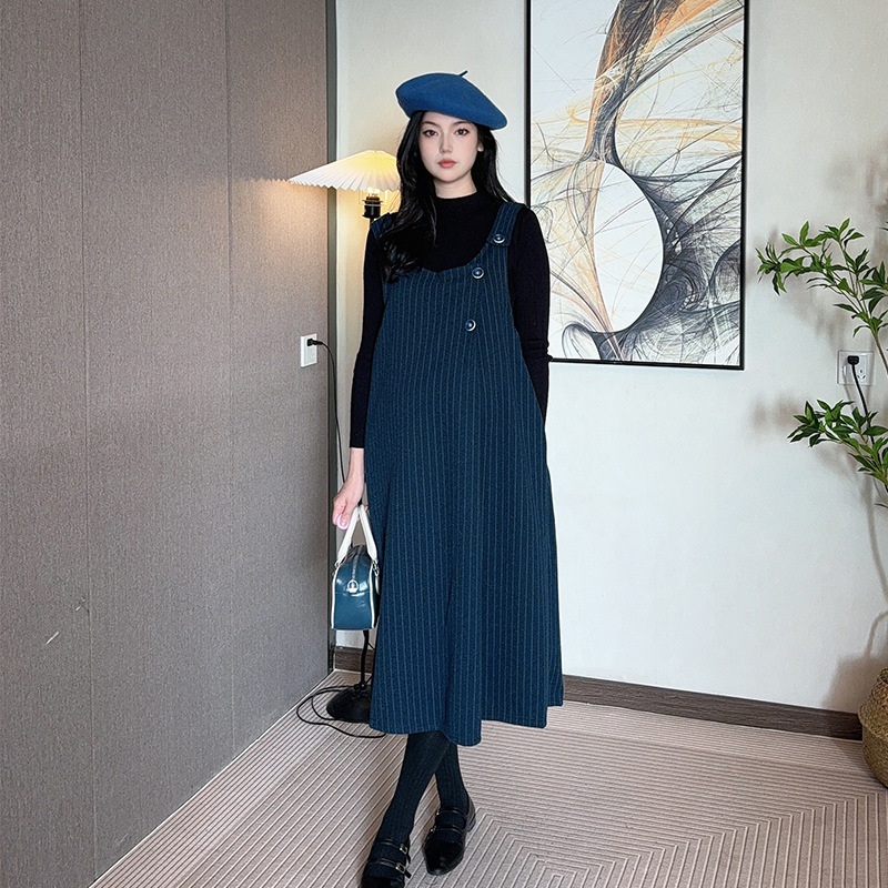 Рокля за бременни с презрамки от вълнен плат (Xue Meifu; кръгъл деколтe; дълги ръкави; вълнен; презрамкова пола)