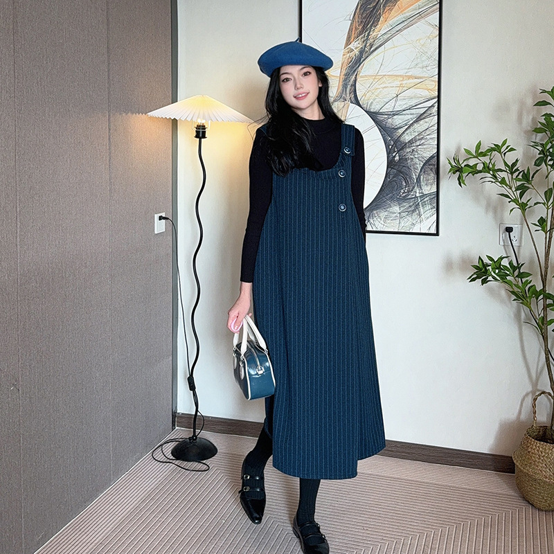 Рокля за бременни с презрамки от вълнен плат (Xue Meifu; кръгъл деколтe; дълги ръкави; вълнен; презрамкова пола)