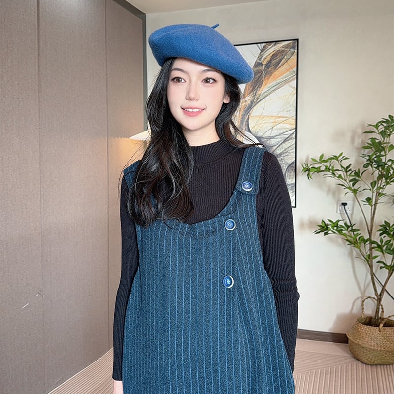 Рокля за бременни с презрамки от вълнен плат (Xue Meifu; кръгъл деколтe; дълги ръкави; вълнен; презрамкова пола)