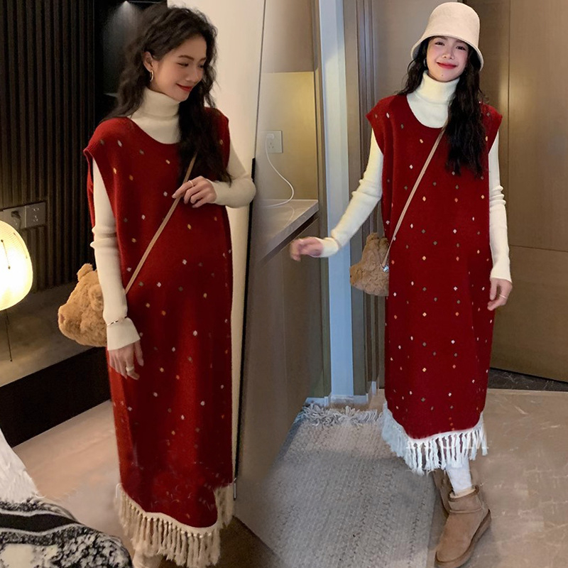 Две части за бременни: точкова плетена рокля със пискюл жилетка и базово горнище, нейлонова материя, миди дължина, зима 2024, стил японско-корейски лук