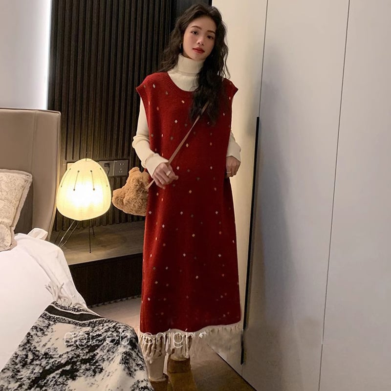 Две части за бременни: точкова плетена рокля със пискюл жилетка и базово горнище, нейлонова материя, миди дължина, зима 2024, стил японско-корейски лук