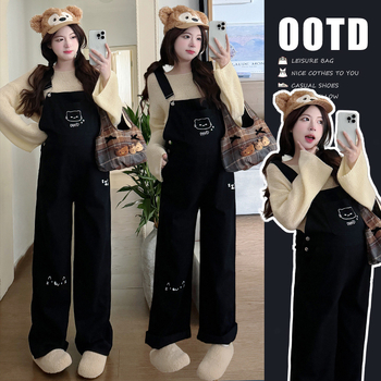 Майчин деним гащеризон комплект с анимационна котка и плетен топ, дълги ръкави, деним без гладене, полиестер 30–50% и памук под 30%, есен 2025