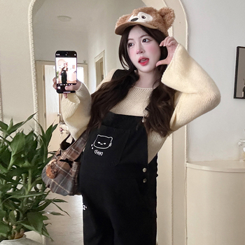 Майчин деним гащеризон комплект с анимационна котка и плетен топ, дълги ръкави, деним без гладене, полиестер 30–50% и памук под 30%, есен 2025