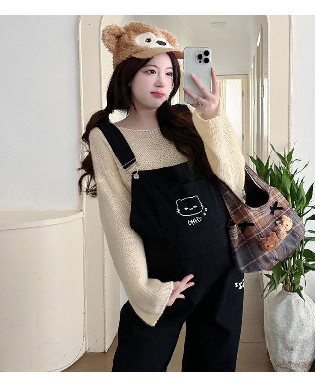 Майчин деним гащеризон комплект с анимационна котка и плетен топ, дълги ръкави, деним без гладене, полиестер 30–50% и памук под 30%, есен 2025