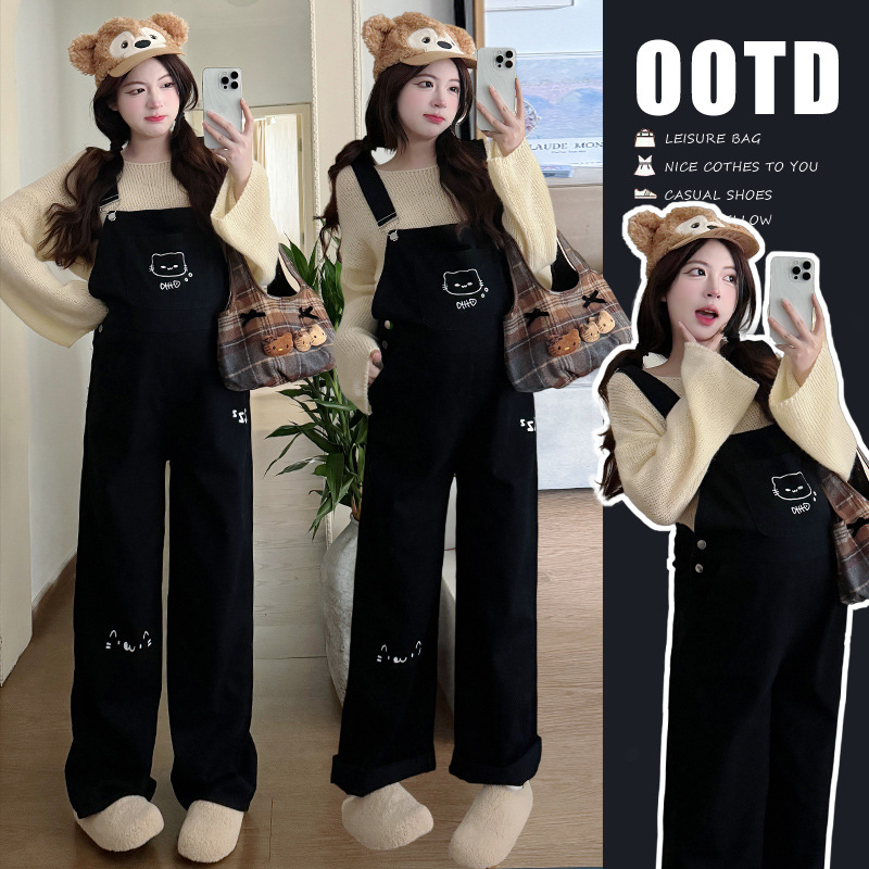 Майчин деним гащеризон комплект с анимационна котка и плетен топ, дълги ръкави, деним без гладене, полиестер 30–50% и памук под 30%, есен 2025