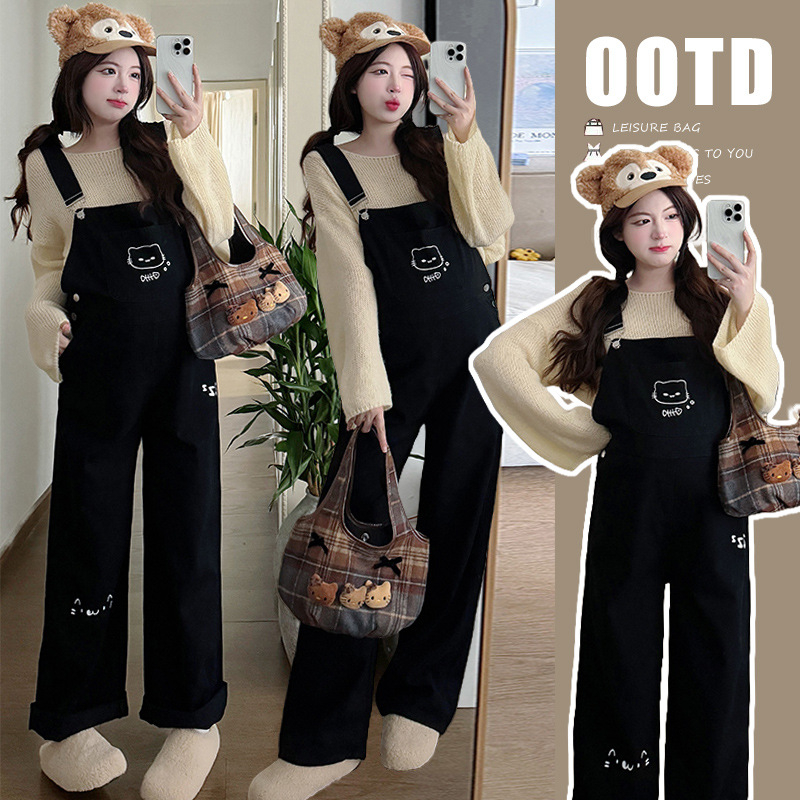 Майчин деним гащеризон комплект с анимационна котка и плетен топ, дълги ръкави, деним без гладене, полиестер 30–50% и памук под 30%, есен 2025