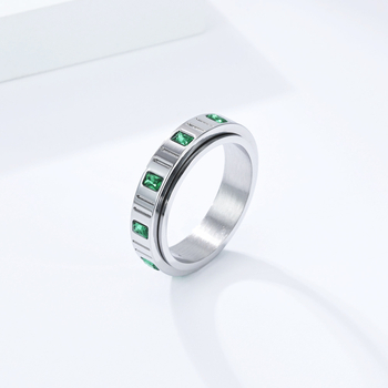 Prsten s rotirajućim mehanizmom, nehrđajući čelik, geometrijski dizajn, Emerald Zircon, ženski nakit
