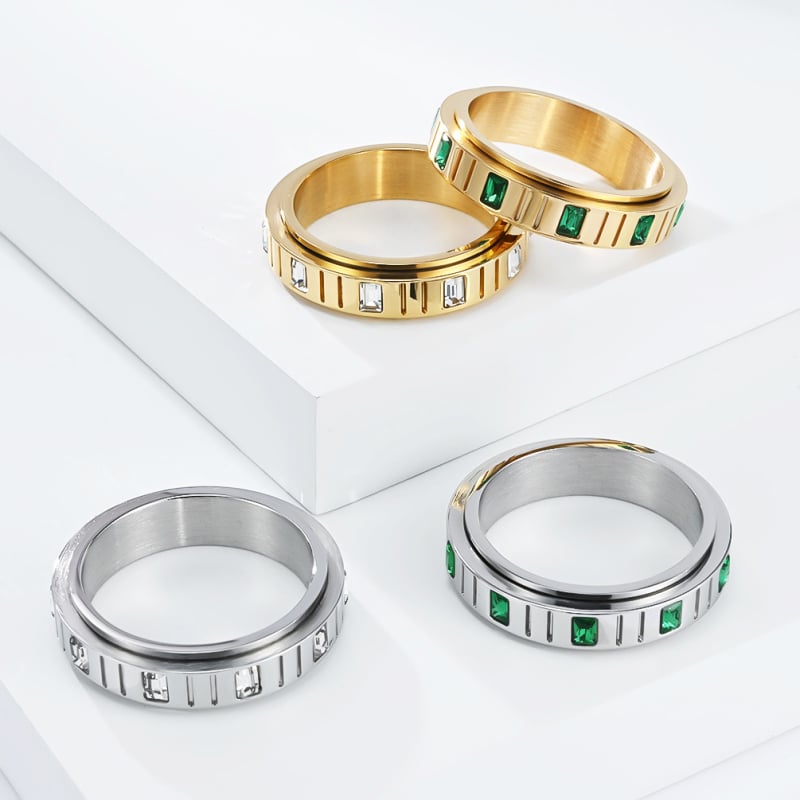 Prsten s rotirajućim mehanizmom, nehrđajući čelik, geometrijski dizajn, Emerald Zircon, ženski nakit