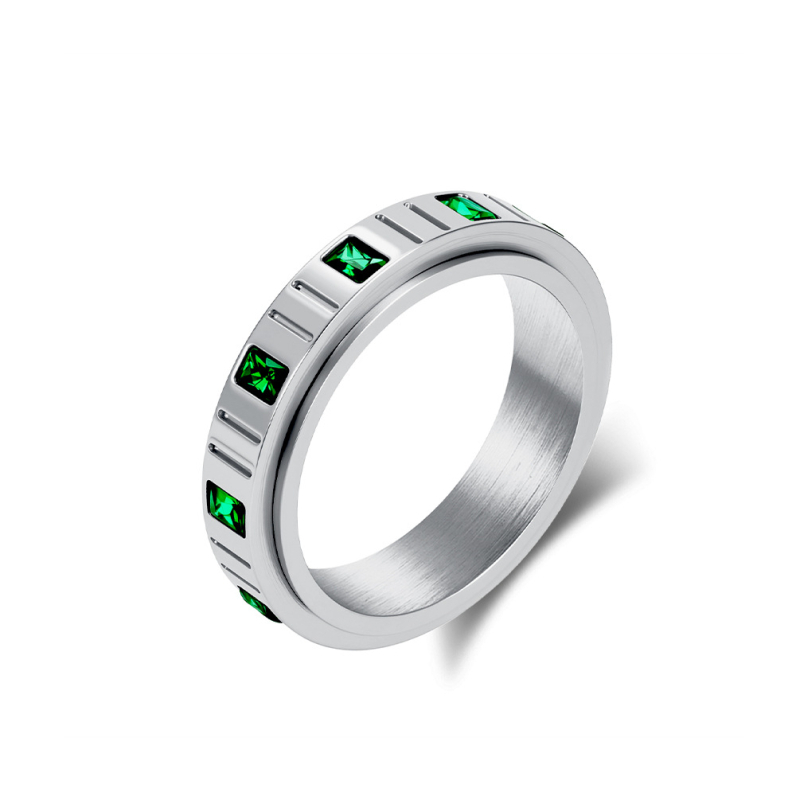 Prsten s rotirajućim mehanizmom, nehrđajući čelik, geometrijski dizajn, Emerald Zircon, ženski nakit