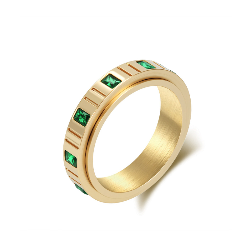 Prsten s rotirajućim mehanizmom, nehrđajući čelik, geometrijski dizajn, Emerald Zircon, ženski nakit