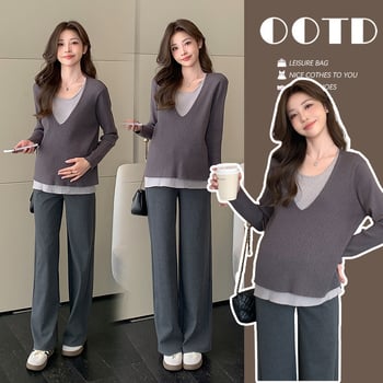 Плетен топ за бременни с патчворк, Chenille плат, свободна кройка, кръгла яка, 3/4 ръкав