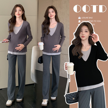 Плетен топ за бременни с патчворк, Chenille плат, свободна кройка, кръгла яка, 3/4 ръкав