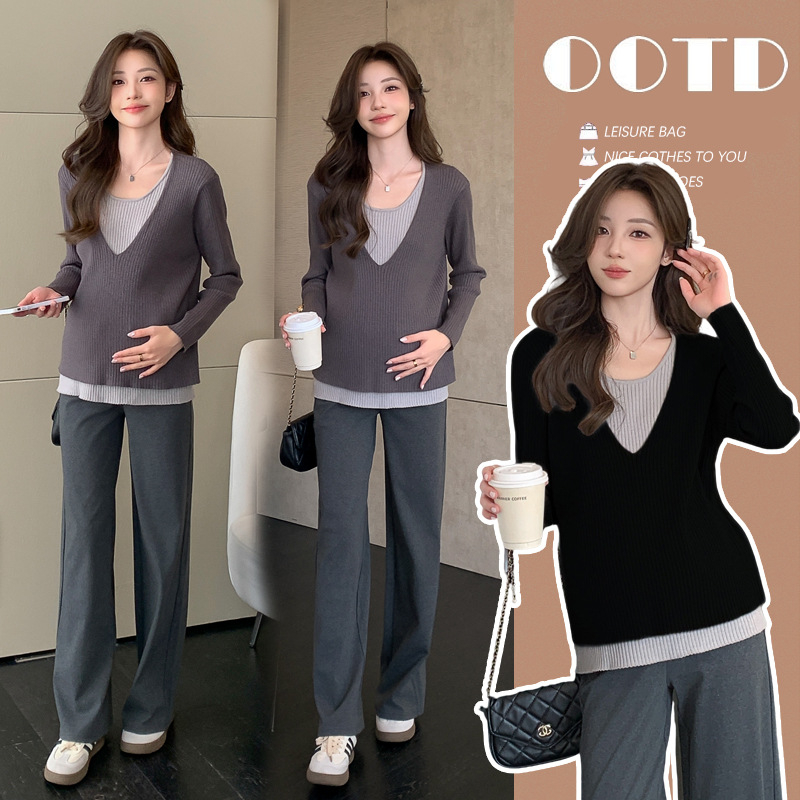 Плетен топ за бременни с патчворк, Chenille плат, свободна кройка, кръгла яка, 3/4 ръкав