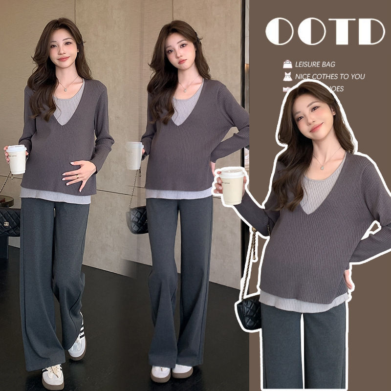 Плетен топ за бременни с патчворк, Chenille плат, свободна кройка, кръгла яка, 3/4 ръкав