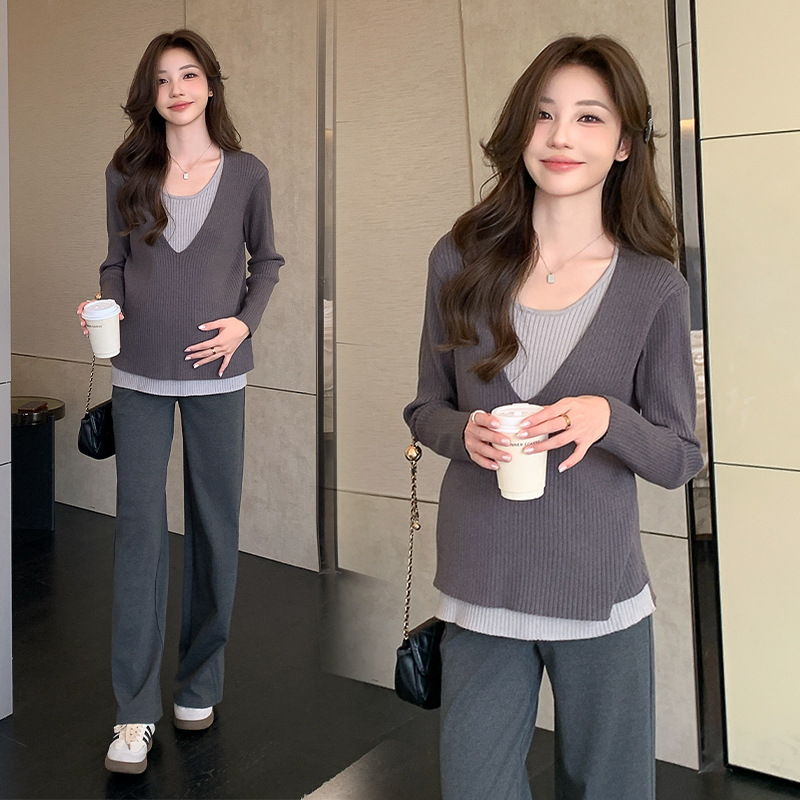 Плетен топ за бременни с патчворк, Chenille плат, свободна кройка, кръгла яка, 3/4 ръкав