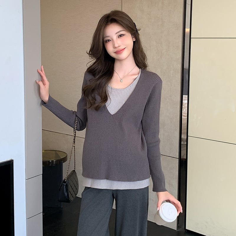 Плетен топ за бременни с патчворк, Chenille плат, свободна кройка, кръгла яка, 3/4 ръкав