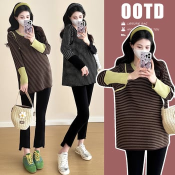 Дамски топ за бременни в ивици, корейски стил, кръгла яка, дълги ръкави, памук-полиестер, свободен силует, есенно-зимно.