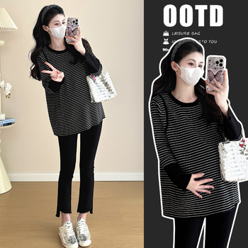 Дамски топ за бременни в ивици, корейски стил, кръгла яка, дълги ръкави, памук-полиестер, свободен силует, есенно-зимно.