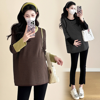 Дамски топ за бременни в ивици, корейски стил, кръгла яка, дълги ръкави, памук-полиестер, свободен силует, есенно-зимно.