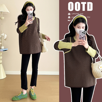 Дамски топ за бременни в ивици, корейски стил, кръгла яка, дълги ръкави, памук-полиестер, свободен силует, есенно-зимно.