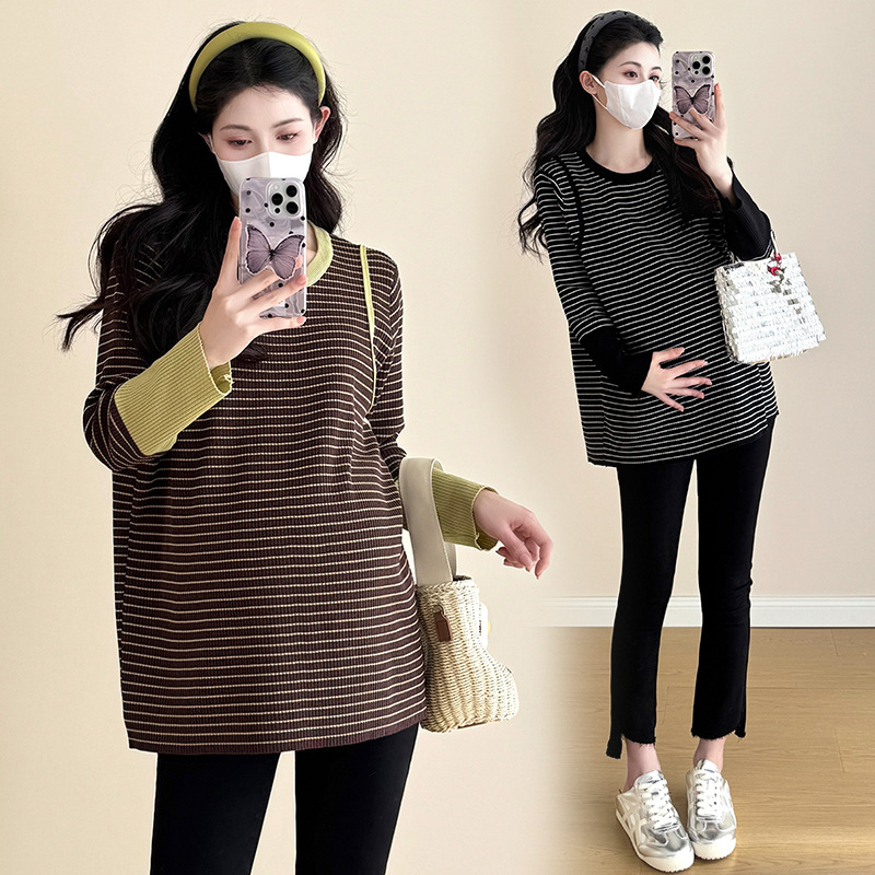 Дамски топ за бременни в ивици, корейски стил, кръгла яка, дълги ръкави, памук-полиестер, свободен силует, есенно-зимно.