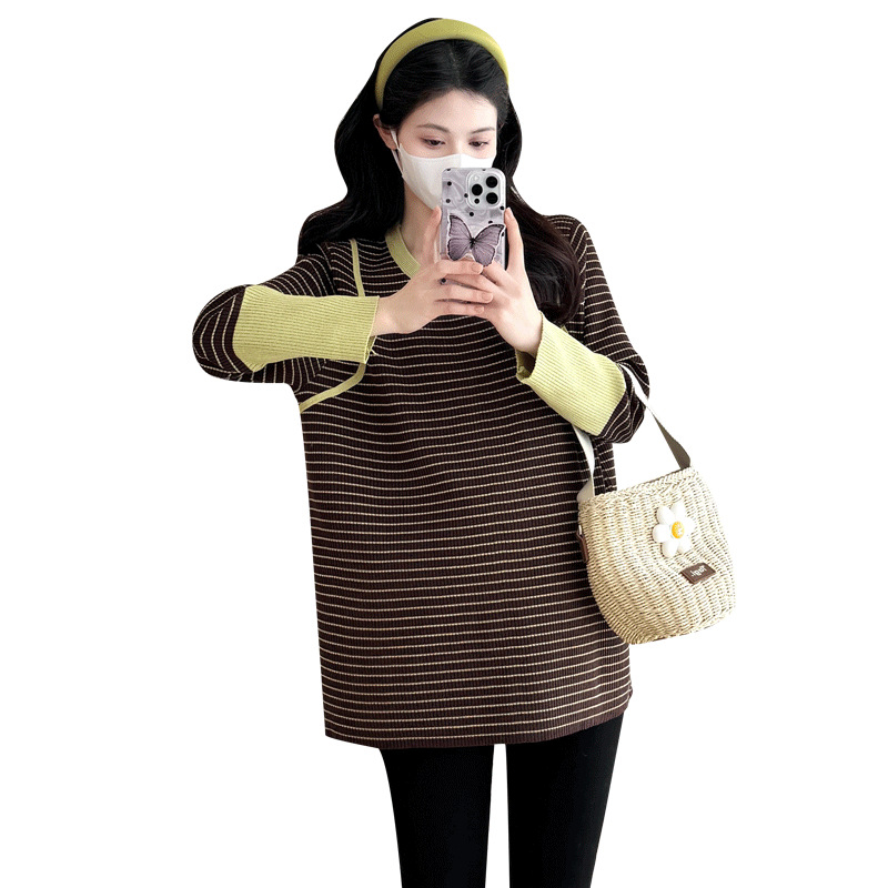 Дамски топ за бременни в ивици, корейски стил, кръгла яка, дълги ръкави, памук-полиестер, свободен силует, есенно-зимно.