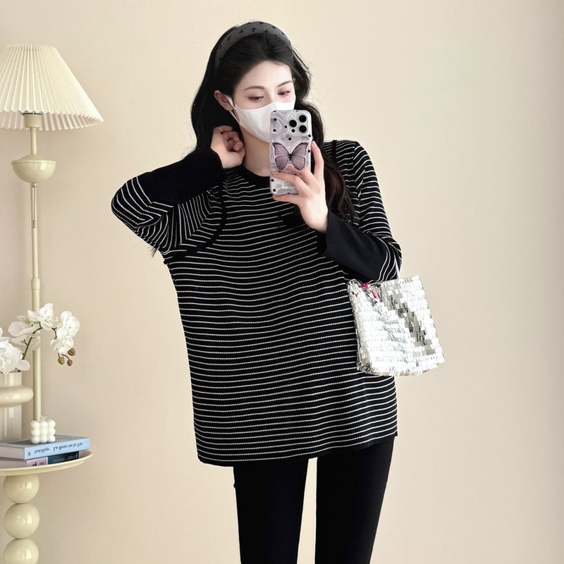 Дамски топ за бременни в ивици, корейски стил, кръгла яка, дълги ръкави, памук-полиестер, свободен силует, есенно-зимно.