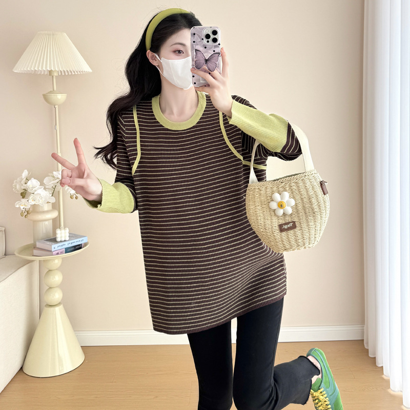 Дамски топ за бременни в ивици, корейски стил, кръгла яка, дълги ръкави, памук-полиестер, свободен силует, есенно-зимно.