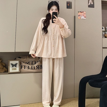 Trudnička pidžama set za dojenje s čipkom, okrugli dekolte, Derong 100% poliester, dugi rukavi, hlače, jesen-zima 2025