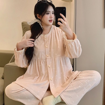 Trudnička pidžama set za dojenje s čipkom, okrugli dekolte, Derong 100% poliester, dugi rukavi, hlače, jesen-zima 2025